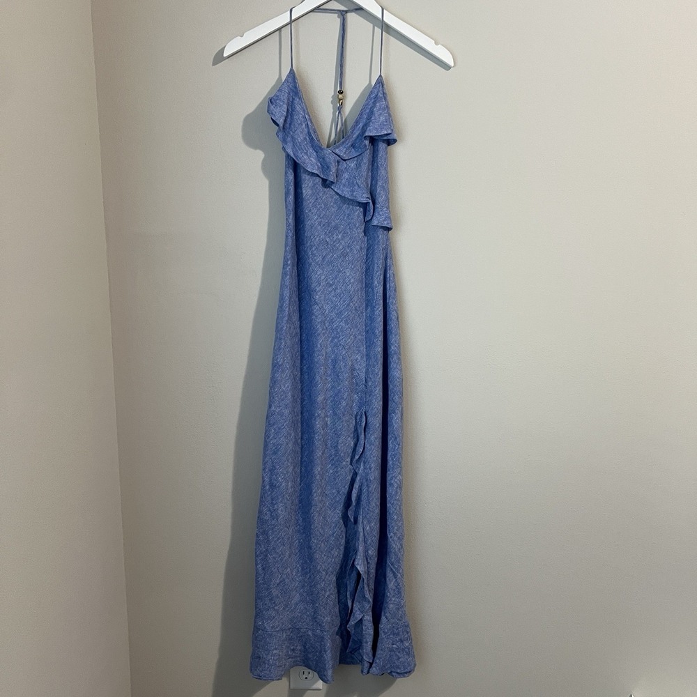 Zara Blue Linen Blend Ruffle Maxi Slip Dress Women's Small Sleeveless Leg Slit